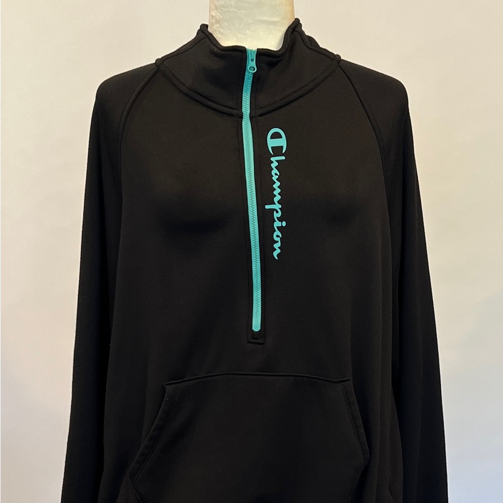 WLSS042 Women’s Champion 1/2 Zip Black Pullover, Teal Accents & Kangaroo Pocket